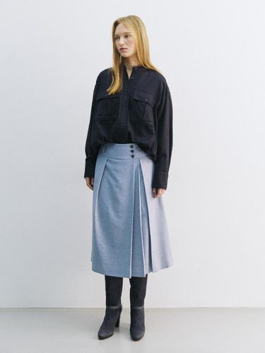 Button Pleated Flare Skirt [Melange Sky Blue] - YIJU - Modalova