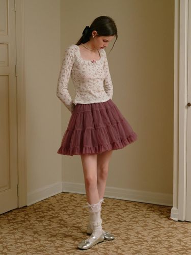 Mesh Layered Floral Lace Skirt [Purple] - Cest Moidew - Modalova