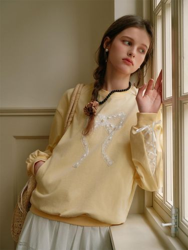 Lace Ribbon Cotton Sweatshirt [Yellow] - Cest Moidew - Modalova