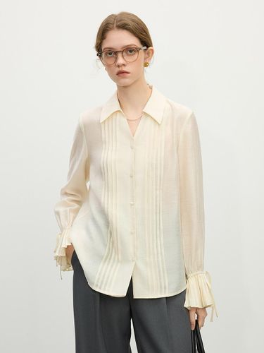 Pleated Bell Sleeve Lyocell Shirt [Blue/Cream] - We’Dee - Modalova