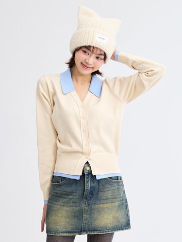 Collar Detail Regular Fit Rayon Blend Cardigan [Beige] - koolkitten - Modalova