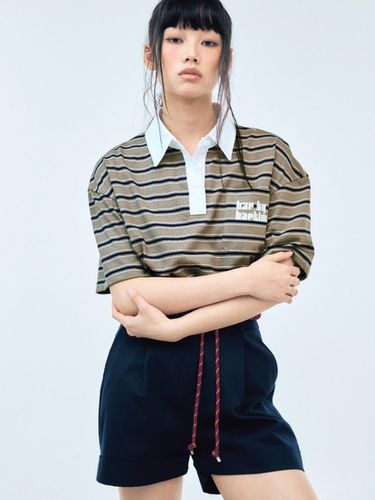 Oversized Cotton Stripe Polo T-shirt [Beige] - HAE BY HAEKIM - Modalova