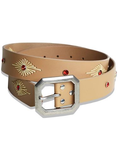 Crystal Stud Wax Thread Leather Belt [Beige] - KND - Modalova