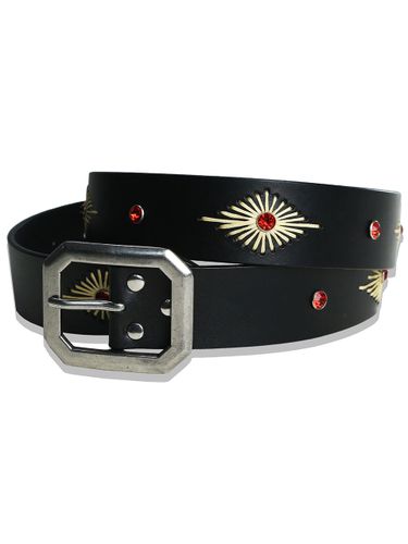 Crystal Stud Wax Thread Premium Leather Belt [Black] - KND - Modalova