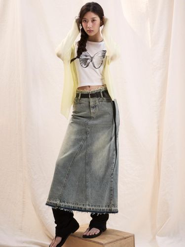 Washed Fringe Long Denim Skirt [Blue] - NICK&NICOLE - Modalova