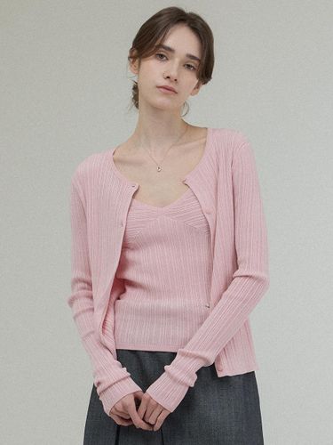 Wrinkle V Neck Two Piece Cardigan Set [Pink] - FOLNUA - Modalova