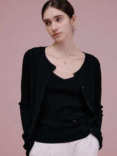 Wrinkle V Neck Lyocell Cardigan Set [BLACK] - FOLNUA - Modalova