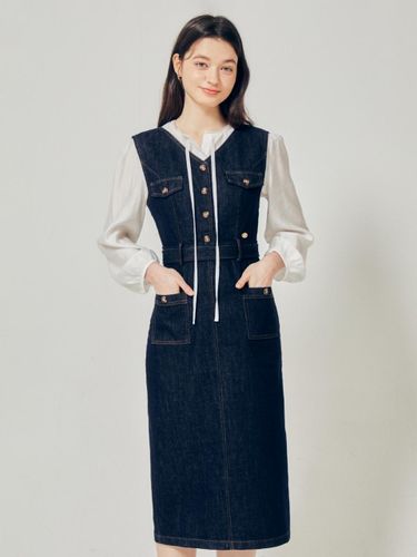 Belted Layered V-neck Sleeveless Denim Dress (GR3P0OP301) - JJ JIGOTT - Modalova