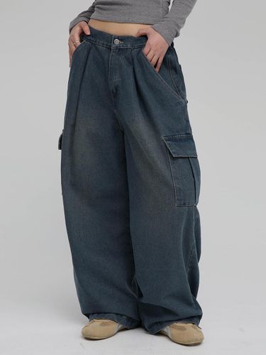 Wide Fit Washed Cargo Pocket Elastic Waist Pants [Blue] - chicks - Modalova