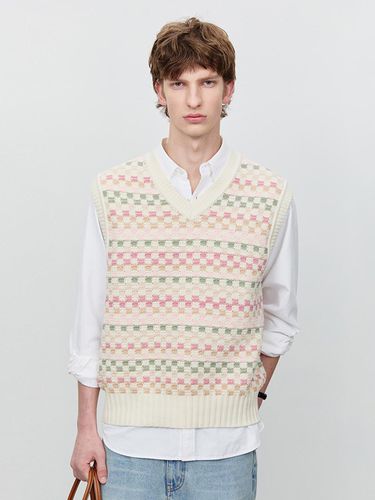 Unisex Crafted V-neck Crochet Pattern Knit Vest [Light Beige] - Dunst for MEN - Modalova