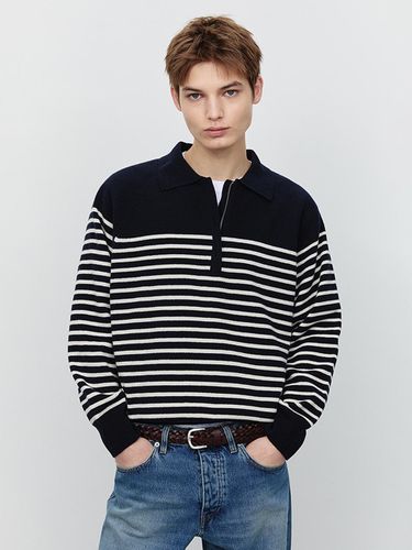 Unisex Merino Wool Cashmere Half Zip-up Striped Sweater [French Navy] (UDSW5A103N2) - Dunst for MEN - Modalova