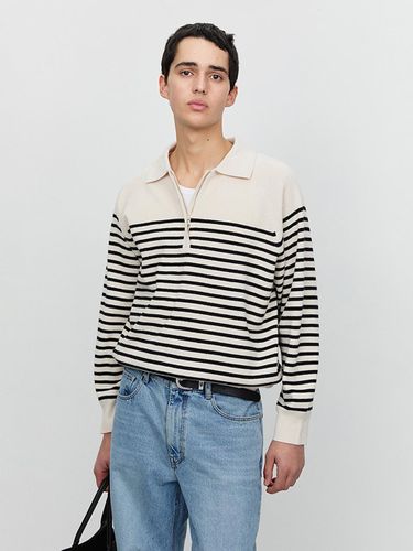 Unisex Striped Half Zip-up Cashmere Merino Sweater [Beige] (UDSW5A103CR) - Dunst for MEN - Modalova