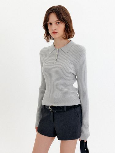 Ribbed Button Collared Knit Top [Grey] - LOOKAST - Modalova