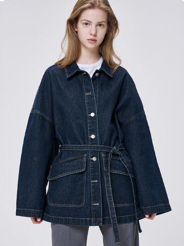 Oversized Half Belt Cotton Blend Jacket [Dark Indigo] (9402) - MaLoupe - Modalova