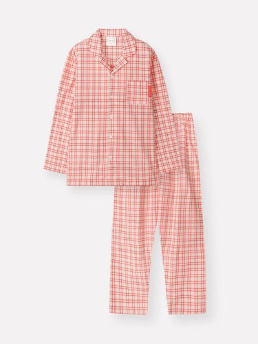 Cotton Check Print Long Sleeve Sleepwear Set [Red Buttery Yellow] (F108) - orcite - Modalova