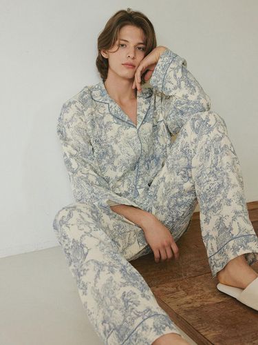 Soft Wool Double Gauze Cotton Long Sleeve Collar Pajama Set [Blue] - LUNALUZ STUDIO - Modalova