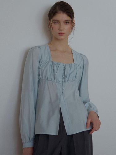 Square Neck Shirring Button Blouse [Blue] - DEHEVE - Modalova