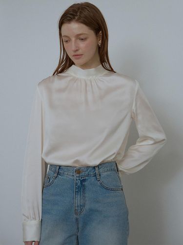 High Neck Shirring Polyester Blouse [Cream] - DEHEVE - Modalova