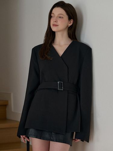 V-neck Collarless Belt Jacket [Black] - DEHEVE - Modalova