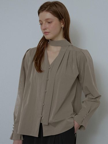 Button Tie Nylon Polyester Blouse [Charcoal] - DEHEVE - Modalova