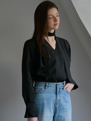 Button Tie Nylon Polyester Blouse [Black] - DEHEVE - Modalova