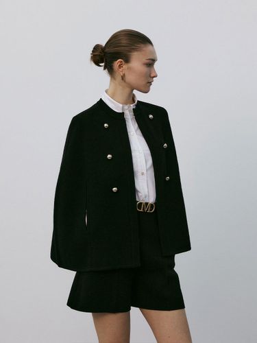 Gold Button Wool Cape Cardigan [Black] - Mare di mari - Modalova