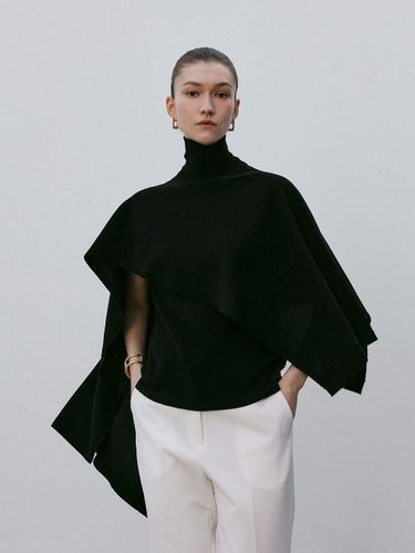 High-neck Unbalanced Multi Cashmere Poncho [Black] - Mare di mari - Modalova