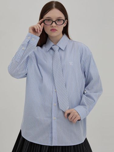 Zip-up Stripe Tie Set Shirt [Sky Blue] - WAIKEI - Modalova