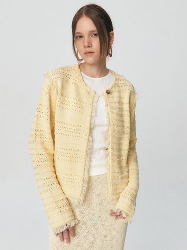 Fringe Multi-Stitch Long Sleeve Cardigan [Light Yellow] - KUME - Modalova