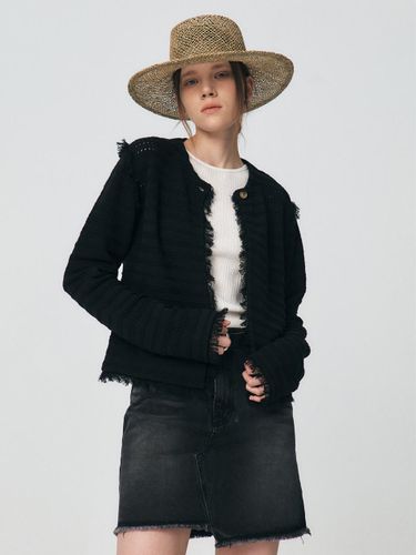 Fringe Multi-Stitch Cotton Cardigan [Black] - KUME - Modalova