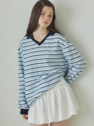 Stripe PK Collar Cotton T-shirt [Sky blue] - ourhope - Modalova