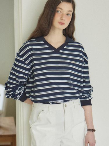 Stripe Collar Cotton T-shirt [Navy] - ourhope - Modalova