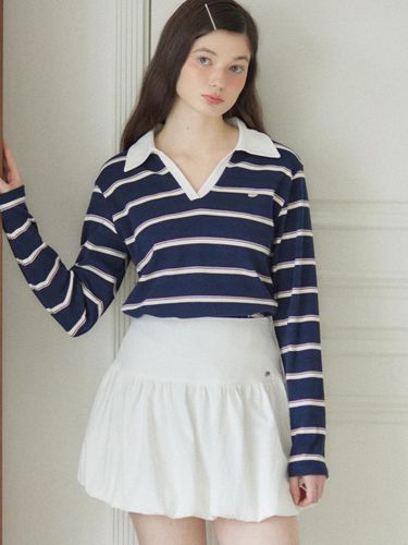 Stripe Open Collar Long Sleeve T-shirt [Navy] - ourhope - Modalova