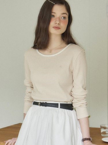 Round-neck Stripe Slim-fit T-shirt [Beige] - ourhope - Modalova