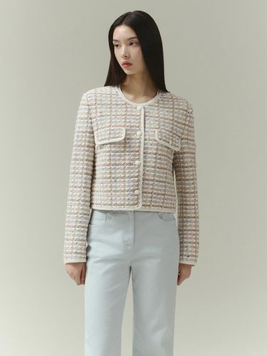 Collarless Color Block Tweed Cropped Jacket [Beige] (ITP3WJK710) - IT MICHAA - Modalova