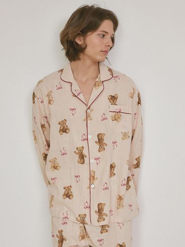 Double Gauze Cotton Bear Motif Long Sleeve Pajama Set [Pink] - LUNALUZ STUDIO - Modalova