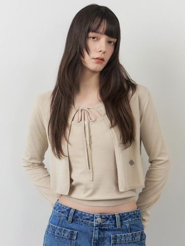 Slim Ribbon Cropped Cardigan Set [Beige] - CITYBREEZE - Modalova