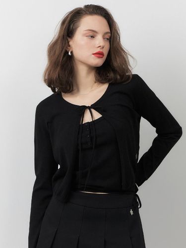 Slim Cropped Ribbon Cardigan Set [BLACK] - CITYBREEZE - Modalova