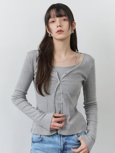 Eyelet Cotton V-neck Cardigan Set [Melange Grey] - CITYBREEZE - Modalova