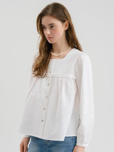 Square Neck Tuck Shirring Cotton Blouse - ANEDIT - Modalova