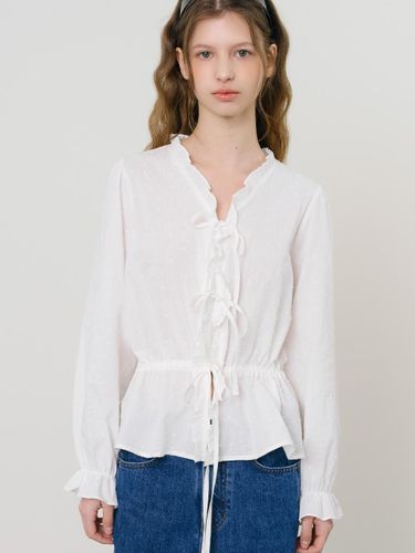 Flowery Ruffle Ribbon Cotton Blouse [Beige] - ANEDIT - Modalova