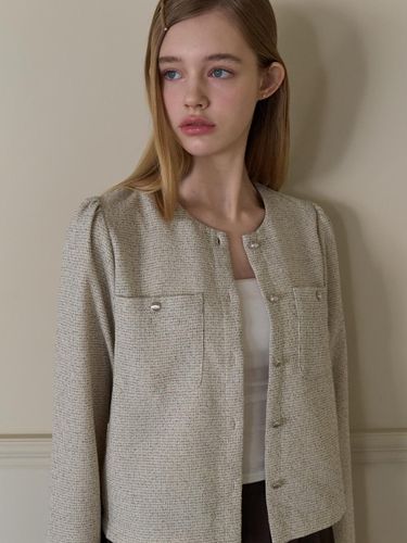 Grace Pleated Round Neck Tweed Blouse [Dusty Cream] (j1669) - JOORTI - Modalova