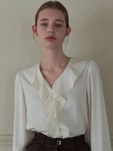 Ruffle Sheer V-neck Blouse [Cream] (j1673) - JOORTI - Modalova