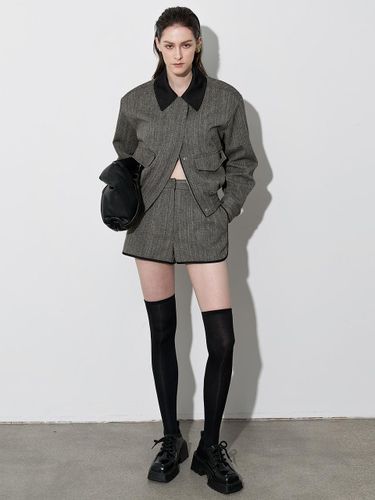 Tweed Wool Blend Color Block Jacket and Shorts Set [Brown] - MOONT - Modalova