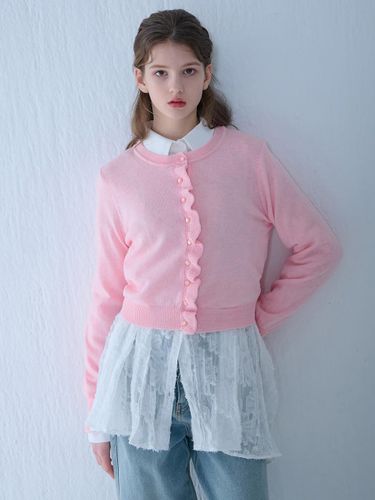 Frill Knit Round Neck Cardigan [Pink] - camino - Modalova