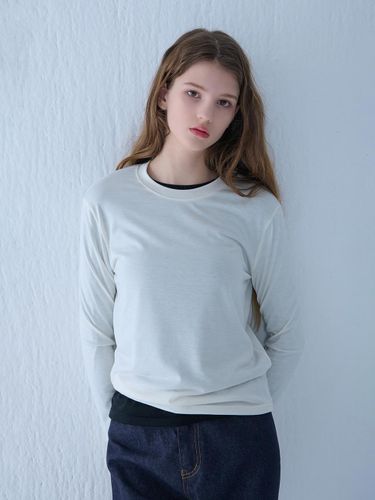 Basic Cutting Long Sleeve Cotton T-shirt [Beige] - camino - Modalova