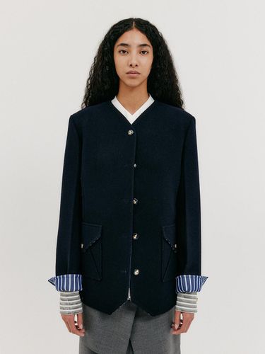 V-Neck Tailored Wool Blend Jacket [Navy] - EENK - Modalova