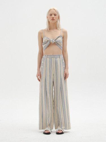 Italian Cotton-Acetate Wide-Leg Side Button Pants [Ivory/Blue Stripe] - EENK - Modalova