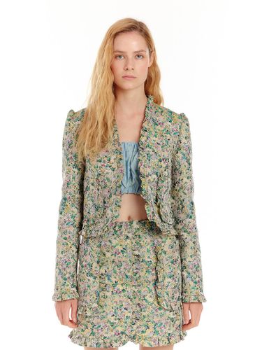 Frilled Short Open-front Jacket [Green/Yellow Multi] - EENK - Modalova