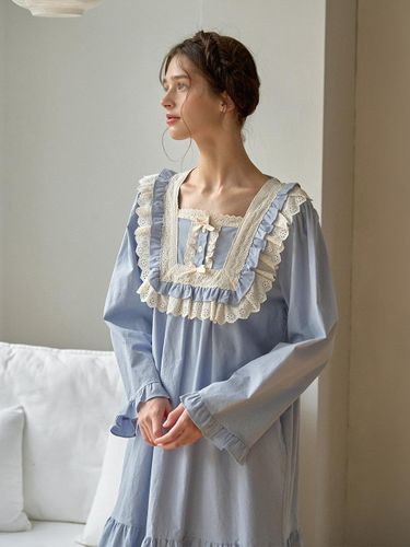 Long Sleeve Frill Lace Button 40s Cotton Dress [Sky Blue] - ULLALA PAJAMAS - Modalova